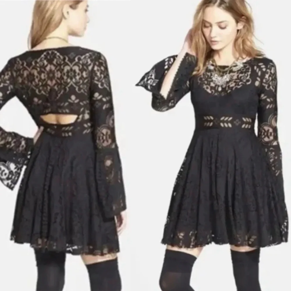 FREE PEOPLE LOVERS FOLK SONG SPANISH LACE MINI DRESS BLACK SIZE 2 MINT CONDITION - Picture 6 of 15